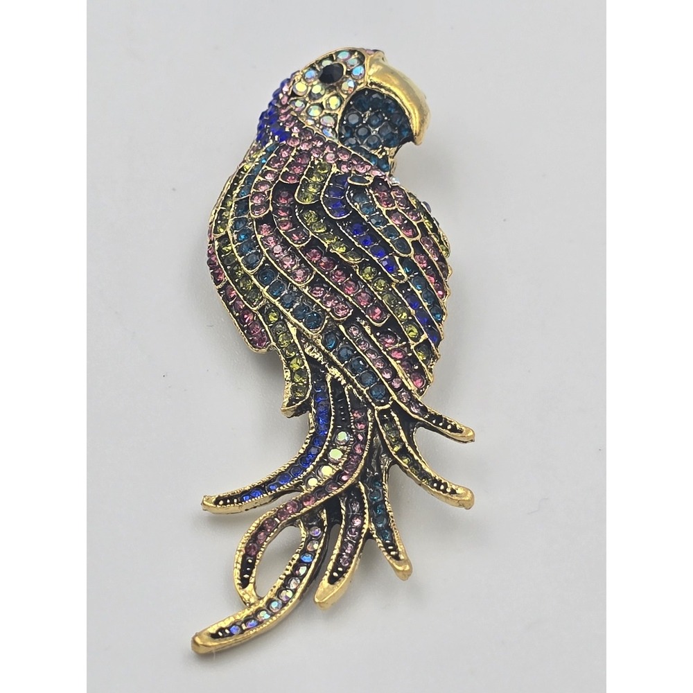 Colorful Rhinestone Parrot Brooch Pin Gold Tone Tropical Bird Fashion Jewelry
